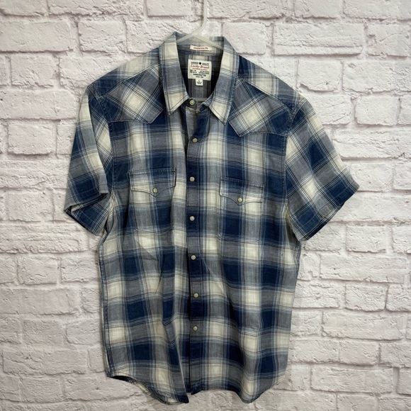 LUCKY BRAND MENS CALIFORNIA FIT INDIGO WESTERN PLAID PEARL SNAPS SHIRT LARGE - Picture 1 of 8